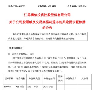 *ST博信触及退市指标，1月17日起停牌