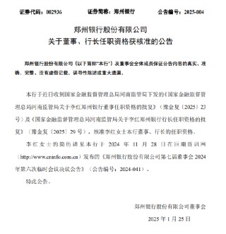 郑州银行：李红董事、行长任职资格获批