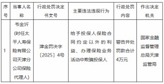 太平人寿天津分公司一保险代理人被罚：给予投保人保险合同约定以外的利益、办理保险业务活动中欺骗投保人