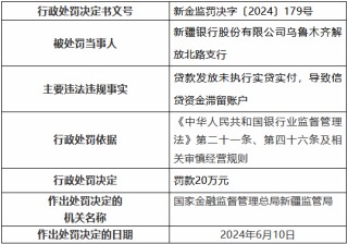 新疆银行乌鲁木齐解放北路支行被罚20万元：贷款发放未执行实贷实付，导致信贷资金滞留账户