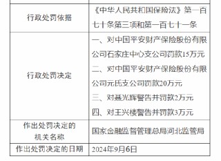 平安产险石家庄中心支公司与元氏支公司被罚：因未按照规定使用经批准或者备案的保险费率
