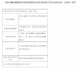 工商银行西安南关支行被罚30万元：贷后管理不到位 贷款资金未按约定用途使用