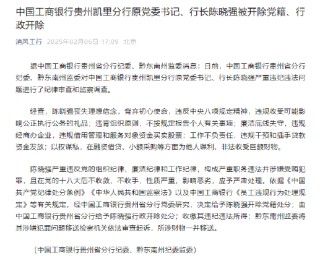 工商银行贵州凯里分行原党委书记、行长陈晓强被开除党籍、行政开除