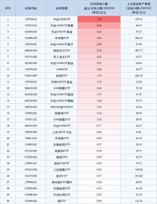 最受青睐ETF：10月24日中证A500ETF获净申购7.34亿元，中证A500ETF景顺获净申购4.64亿元（名单）