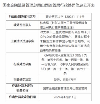 太原市三皇保险代理有限公司被罚13.5万元：因未开立独立的佣金收取账户等违法违规行为