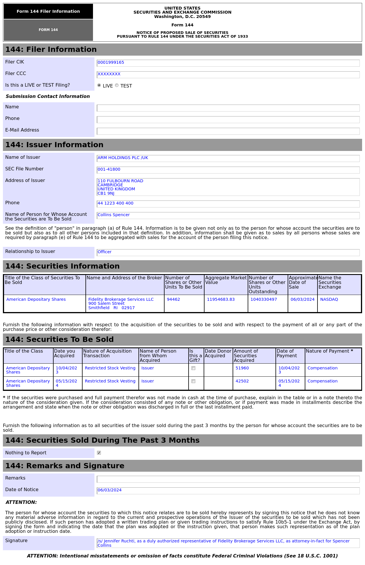 Form 144 | Arm Holdings(ARM.US)高管拟出售9.45万股股份，价值约1,195.47万美元-第1张图片