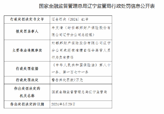 未经核准擅自任命高管人员！都邦财险辽宁分公司被罚7万元，总经理等3名高管收罚单-第2张图片