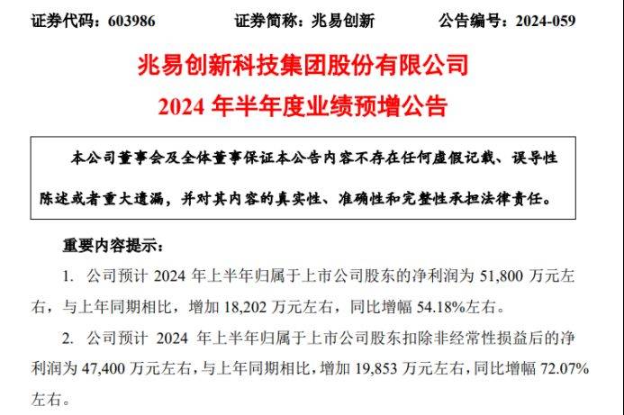 兆易创新2024年上半年预计净利5.18亿同比增长54.18% 存储芯片产品销量和营收增长-第1张图片