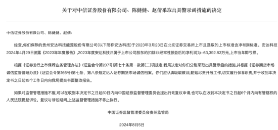保荐项目安达科技上市即亏损！中信证券及两名保代被出具警示函-第1张图片