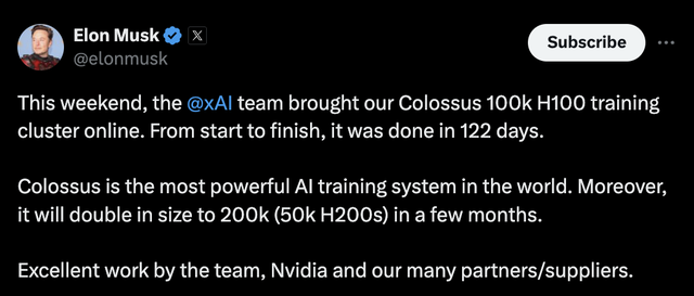 马斯克：史上最强AI训练集群上线，将再增加10万颗GPU-第2张图片