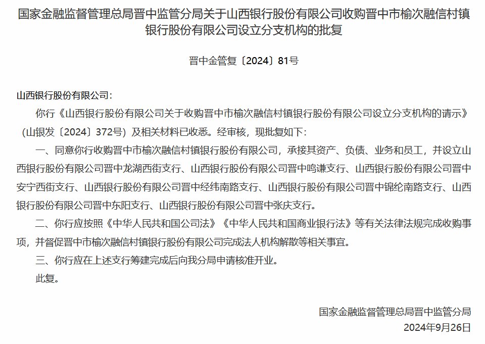 山西银行收购3家村镇银行获批-第2张图片