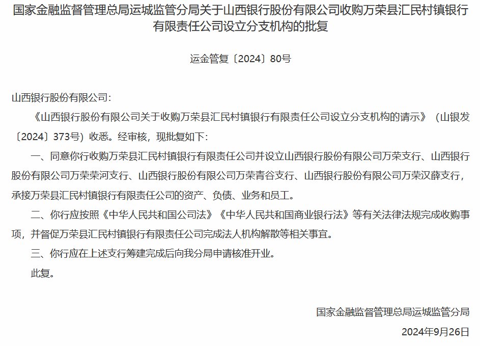 山西银行收购3家村镇银行获批-第3张图片