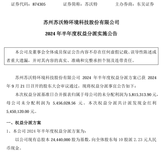 苏沃特2024年半年度权益分派每10股派现2.23元 共计派发现金红利545.01万-第1张图片