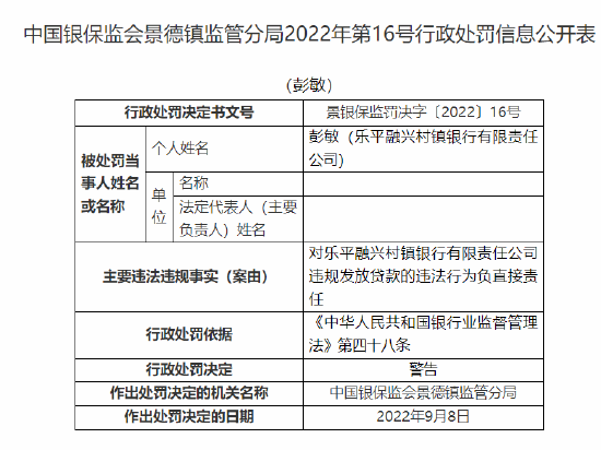 乐平融兴村镇银行被罚20万元：因违规发放贷款 隐匿不良贷款-第4张图片