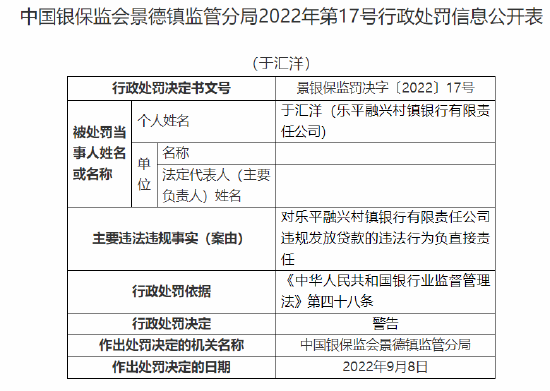 乐平融兴村镇银行被罚20万元：因违规发放贷款 隐匿不良贷款-第5张图片