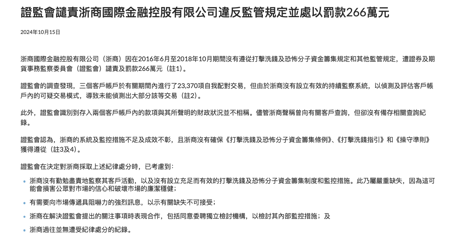 年内首个罚单，浙商证券境外子公司遭港证监谴责并罚款255万港元，直指自我配对交易-第1张图片