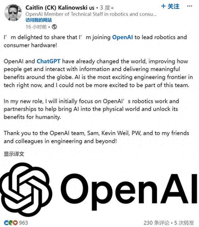 OpenAI变“硬”了！招揽Meta AR眼镜负责人领导机器人业务-第1张图片