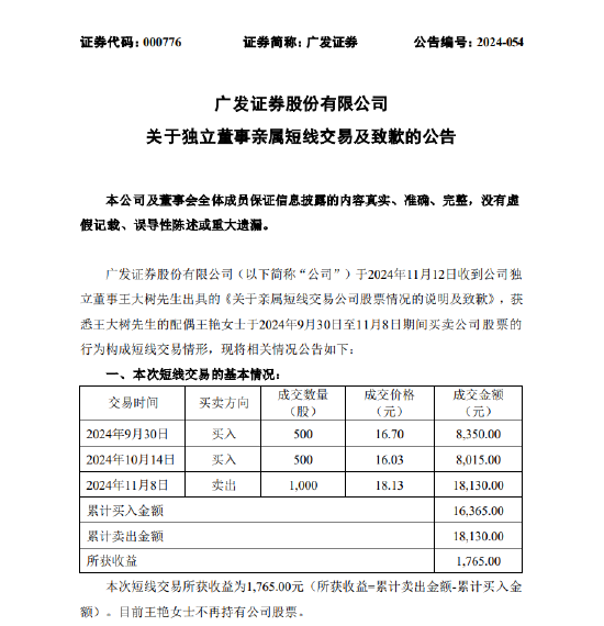 广发证券：独立董事王大树亲属短线交易公司股票-第1张图片