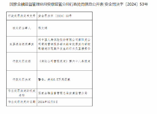 中国人寿紫阳支公司高滩营销服务部被罚1万元：未能有效落实内部控制措施防范案件发生-第2张图片
