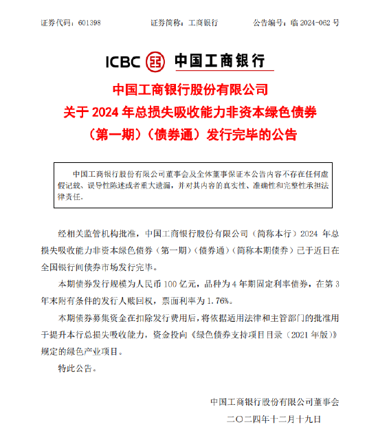 工商银行：2024年总损失吸收能力非资本绿色债券(第一期)(债券通)发行完毕-第1张图片