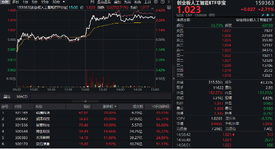 算力引爆AI产业链，创业板人工智能ETF华宝（159363）爆量涨近3%创新高，锐捷网络等多股20CM涨停！-第1张图片