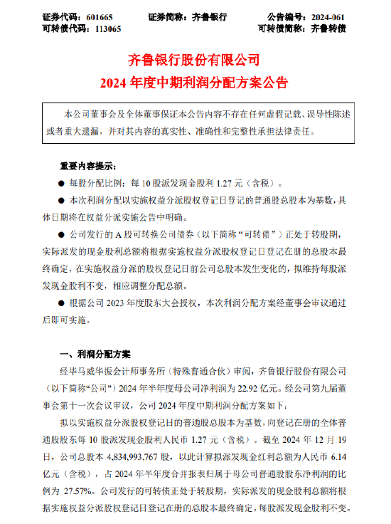 齐鲁银行：2024年中期利润分配方案拟每10股派发现金股利1.27元-第1张图片