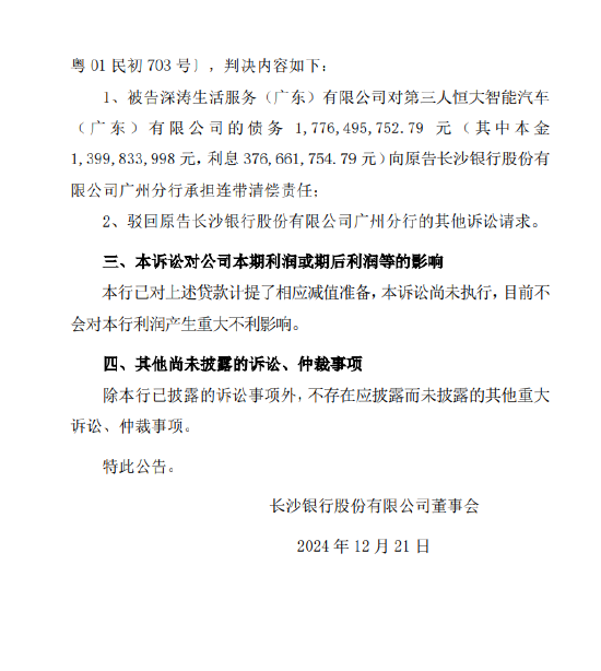 长沙银行：公布诉讼事项进展-第2张图片