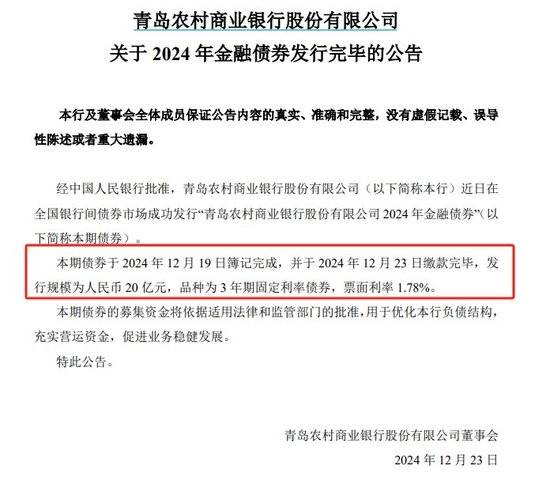 一周直降12个基点 青农商行3A评级金融债票面利率1.78% 商金债发行利率加速下行-第1张图片
