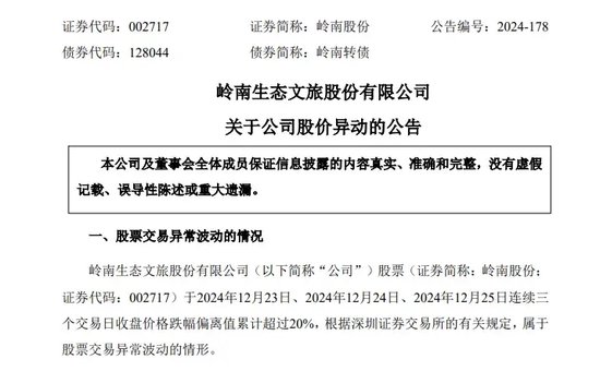 岭南股份3连跌停！突然公告：多笔债务逾期，流动资金紧张！2年多净亏28亿元，控股股东为地方国资-第2张图片