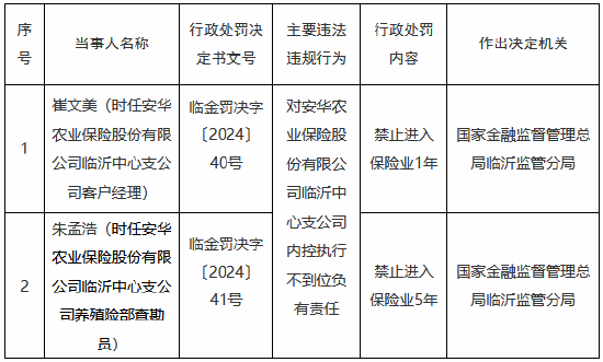 安华农险临沂中心支公司内控执行不到位 时任两名员工被禁业1-5年-第1张图片