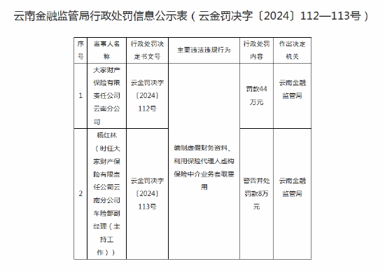 大家财险云南分公司被罚44万元：因编制虚假财务资料等-第1张图片