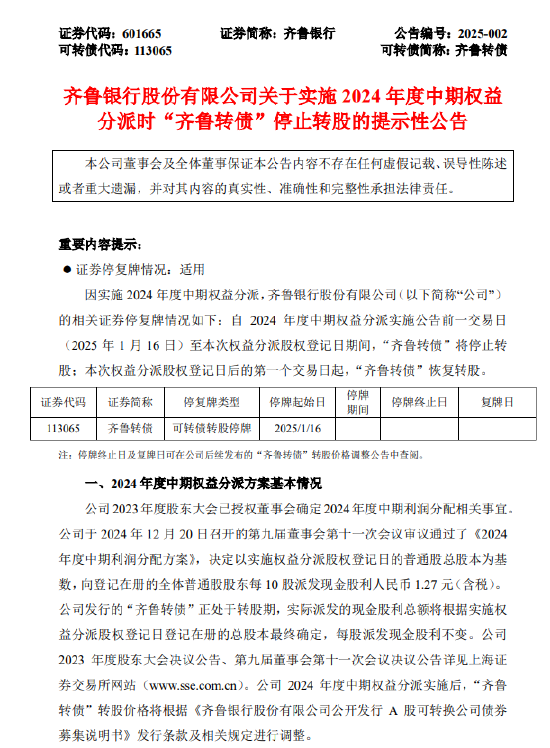 齐鲁银行：2024年度中期权益分派时“齐鲁转债”停止转股-第1张图片