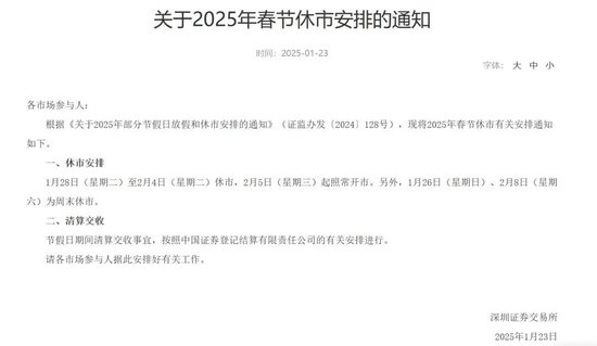 沪深交易所最新发布！1月28日至2月4日休市-第1张图片