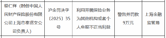 因利用开展保险业务为其他机构或者个人牟取不正当利益 人保财险上海市奉贤支公司时任负责人被罚-第1张图片