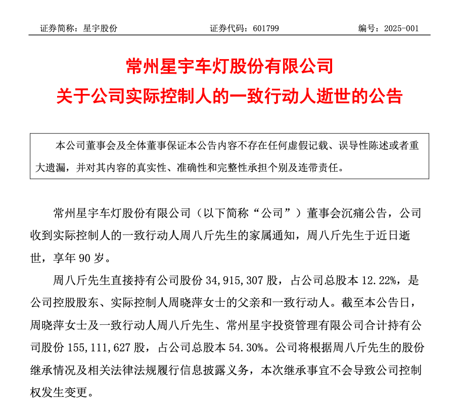 突传噩耗！百亿上市公司公告：发起人周八斤逝世 为公司董事长父亲 直接持股12.22%-第2张图片